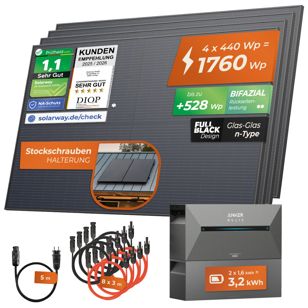 SOLARWAY Balkonkraftwerk 1760 Watt (Bifazial) | Anker SOLIX Solarbank 2 E1600 Pro 3,2 kWh Speicher