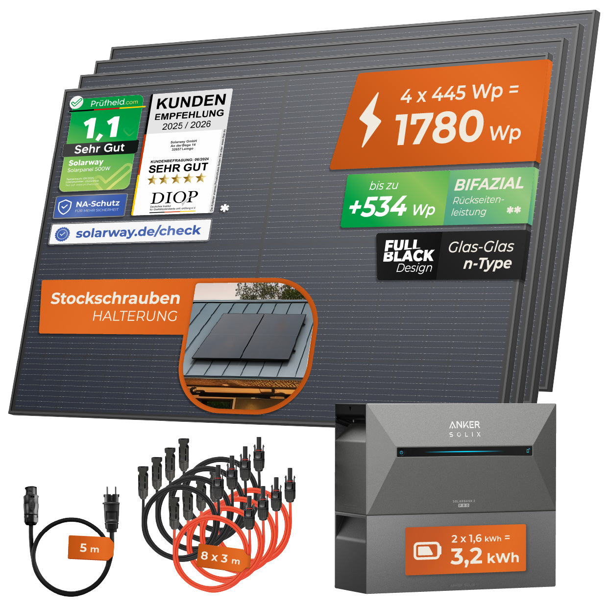 SOLARWAY Balkonkraftwerk 1780 Watt | Anker SOLIX Solarbank 2 E1600 Pro 3,2 kWh Speicher