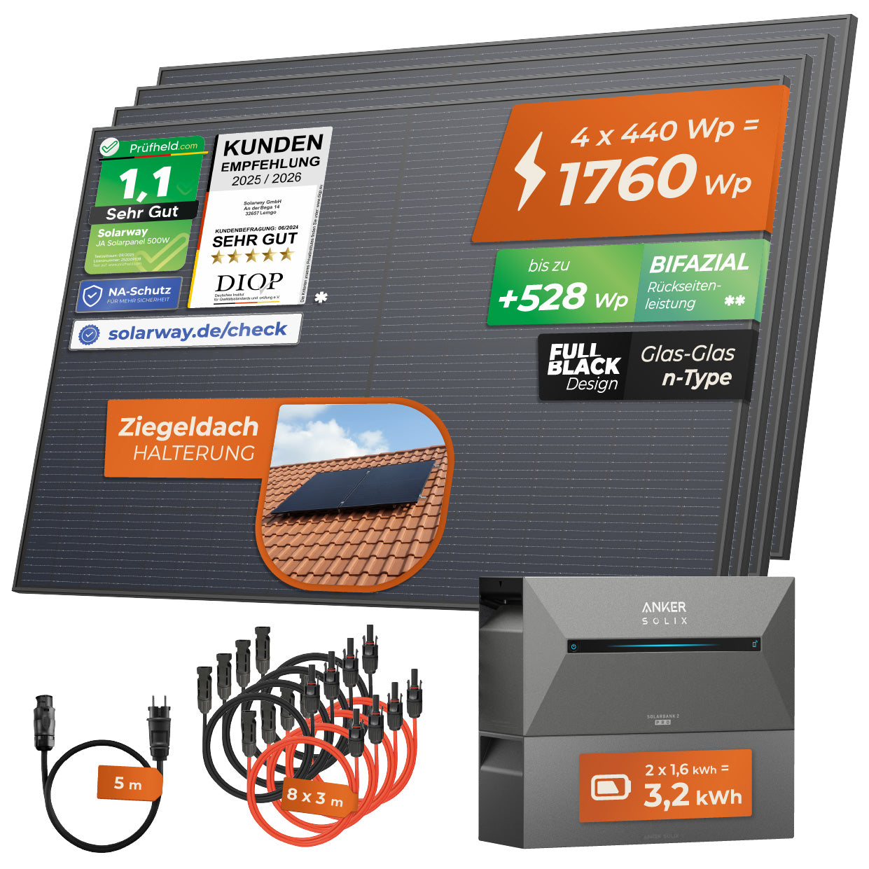 SOLARWAY Balkonkraftwerk 1760 Watt (Bifazial) | Anker SOLIX Solarbank 2 E1600 Pro 3,2 kWh Speicher