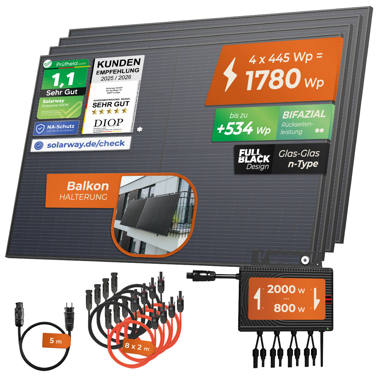 SOLARWAY Balkonkraftwerk 1780 Watt | Envertech 2000 Watt | Bifazial inkl. App & WiFi