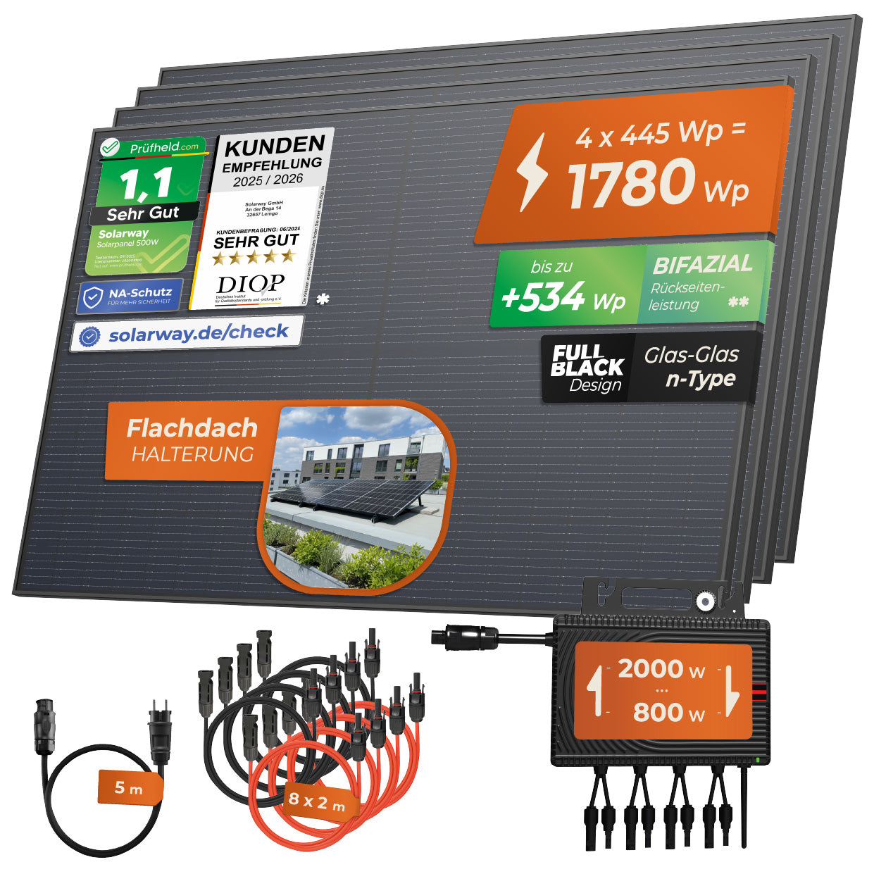 SOLARWAY Balkonkraftwerk 1780 Watt | Envertech 2000 Watt | Bifazial inkl. App & WiFi