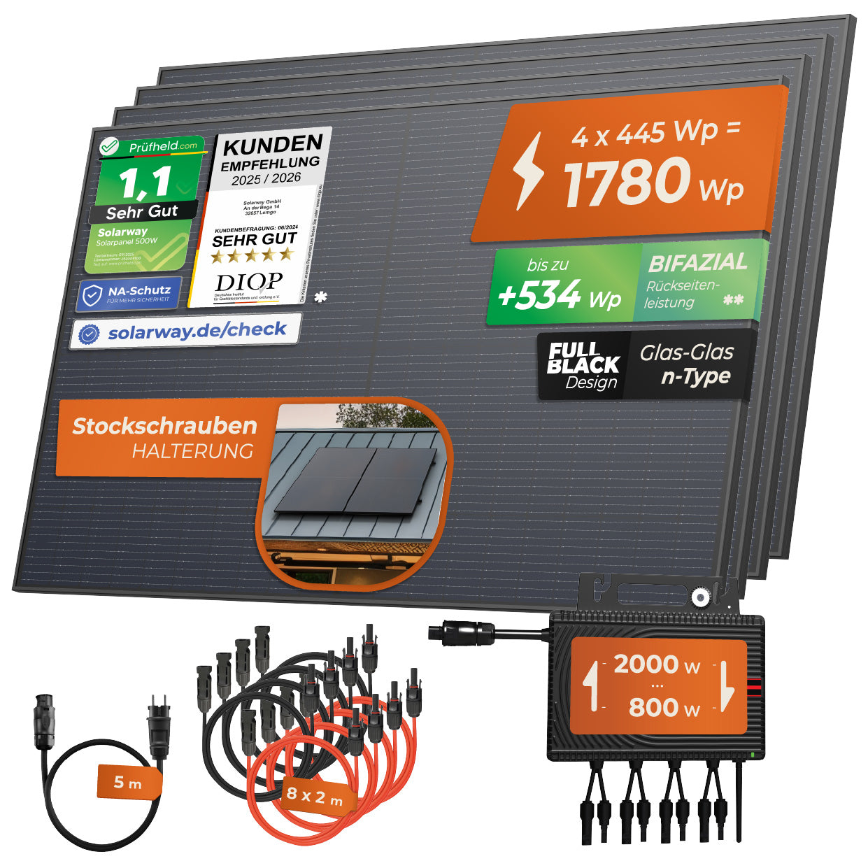 SOLARWAY Balkonkraftwerk 1780 Watt | Envertech 2000 Watt | Bifazial inkl. App & WiFi