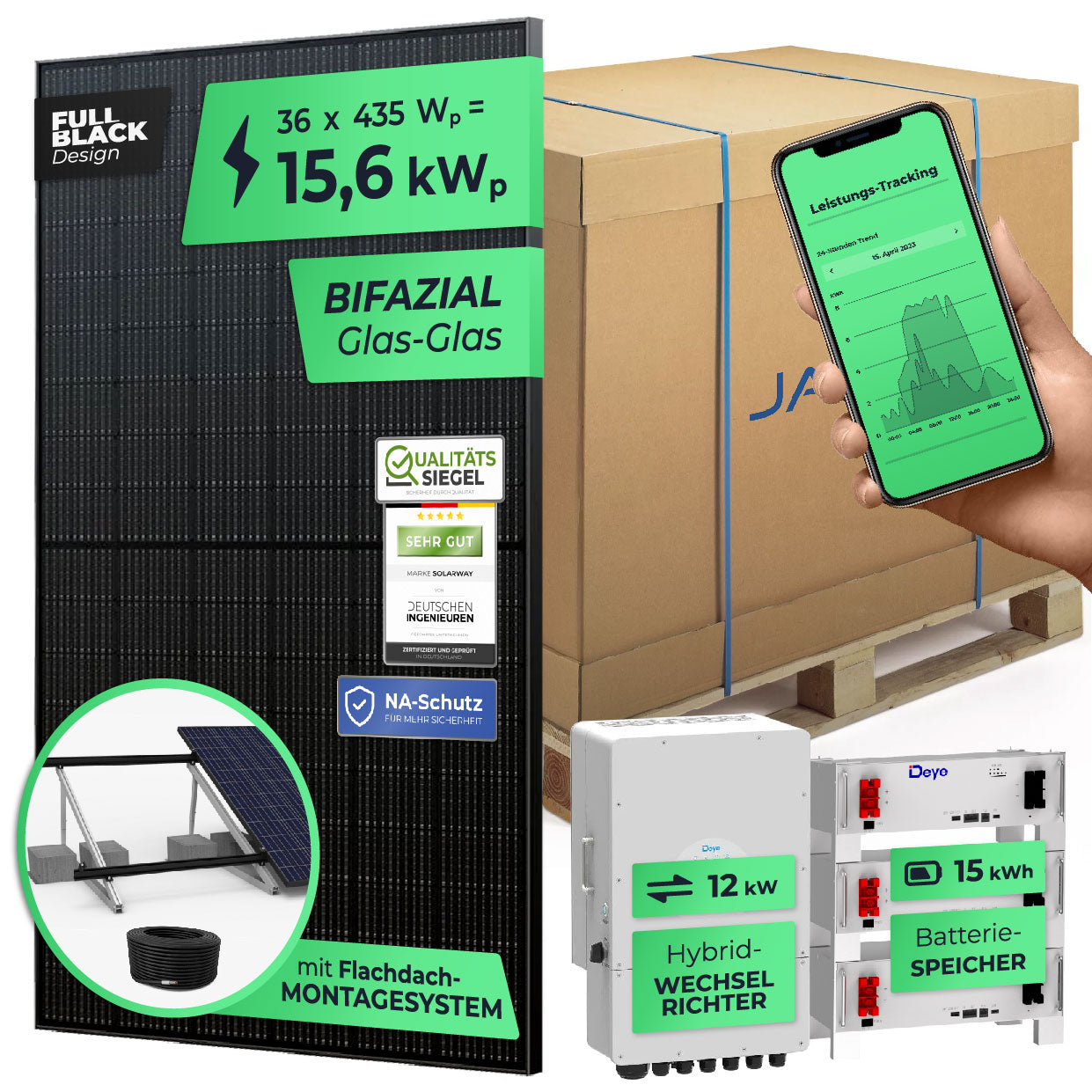 SOLARWAY Solaranlage Komplettset 15 kW | Deye 12 kW | Bifazial inkl. Montagesystem, App & WiFi