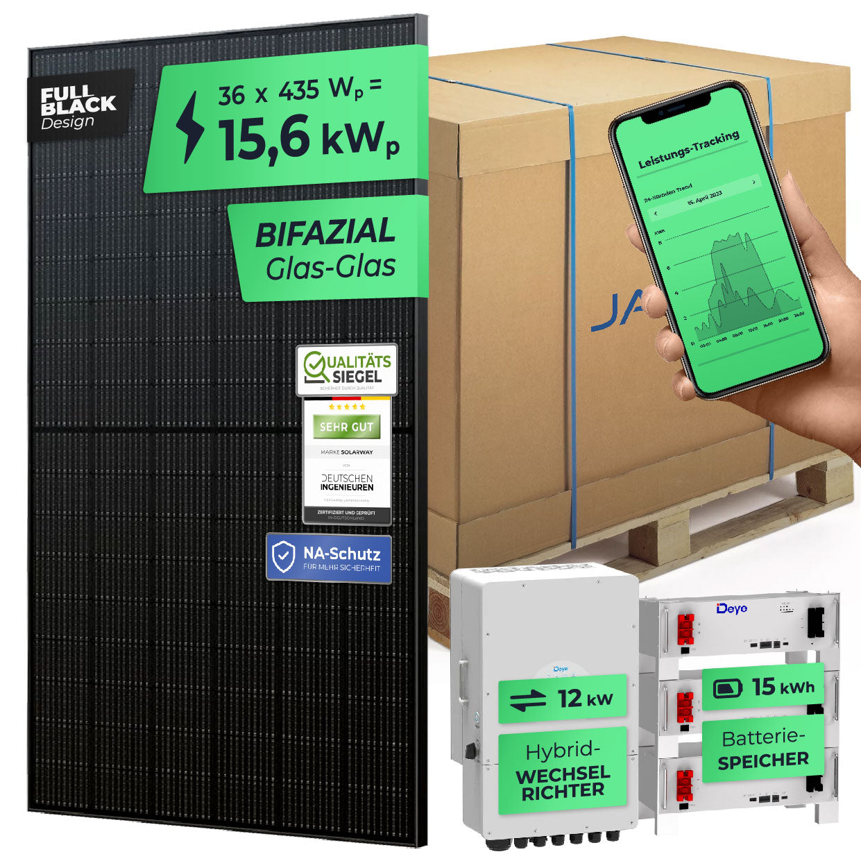 SOLARWAY Solaranlage Komplettset 15 kW | Deye 12 kW | Bifazial inkl. Montagesystem, App & WiFi
