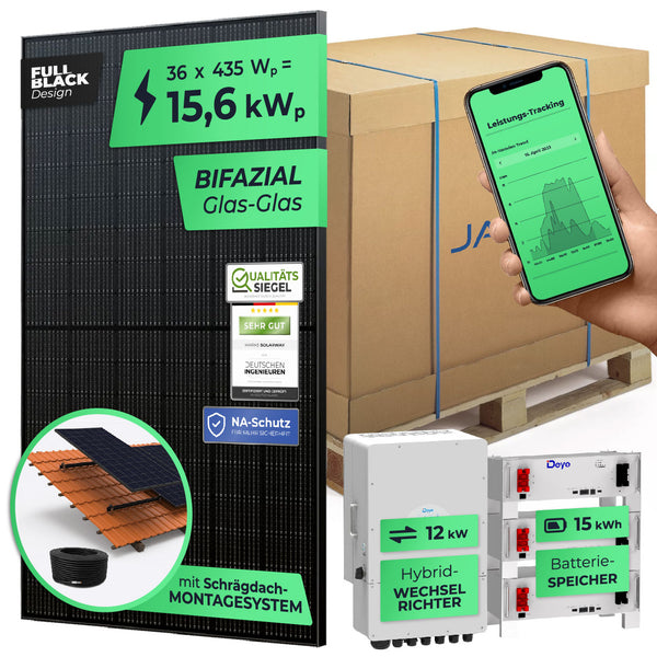 SOLARWAY Solaranlage Komplettset 15 kW | Deye 12 kW | Bifazial inkl. Montagesystem, App & WiFi - Solarway