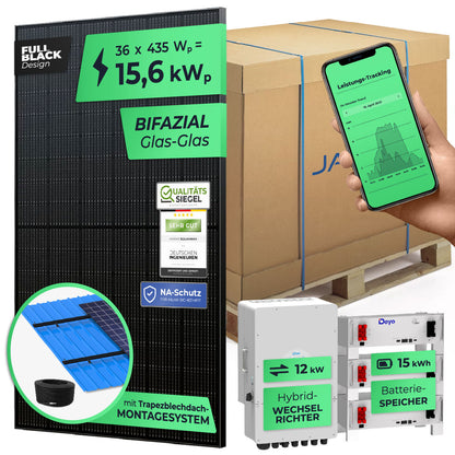 SOLARWAY Solaranlage Komplettset 15 kW | Deye 12 kW | Bifazial inkl. Montagesystem, App & WiFi