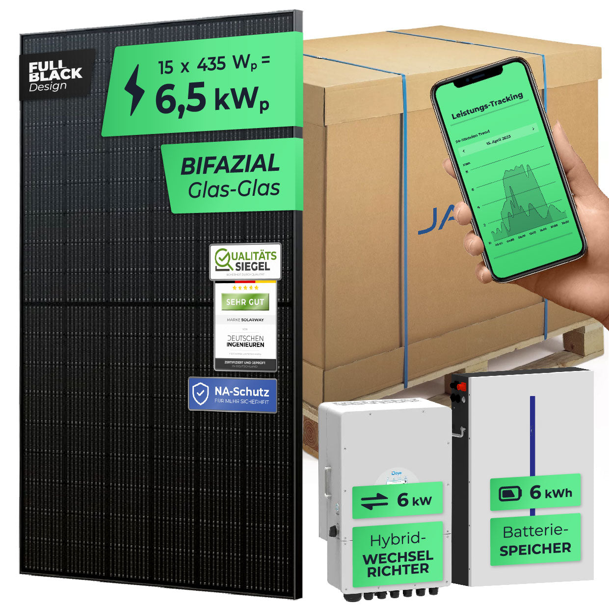 SOLARWAY Solaranlage Komplettset 6,5 kW | Deye 6 kW | Bifazial inkl. Montagesystem, App & WiFi