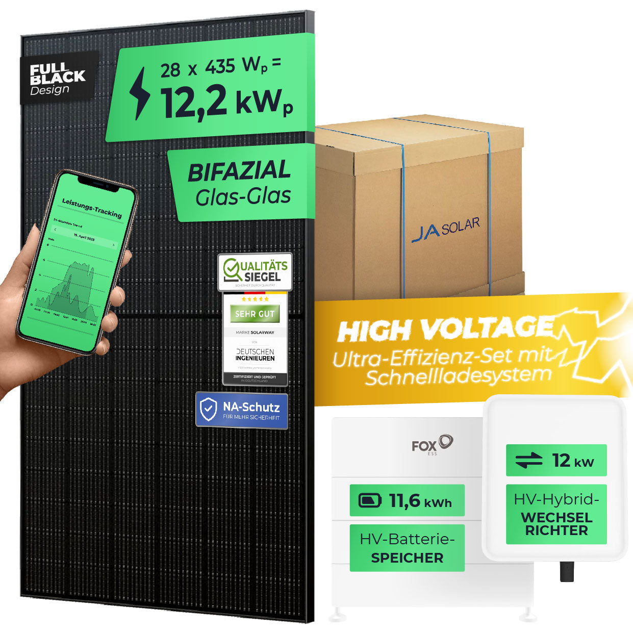 SOLARWAY High Voltage Solaranlage Komplettset 12kW | Fox ESS 12kW | Bifazial inkl. Montagesystem, App & WiFi