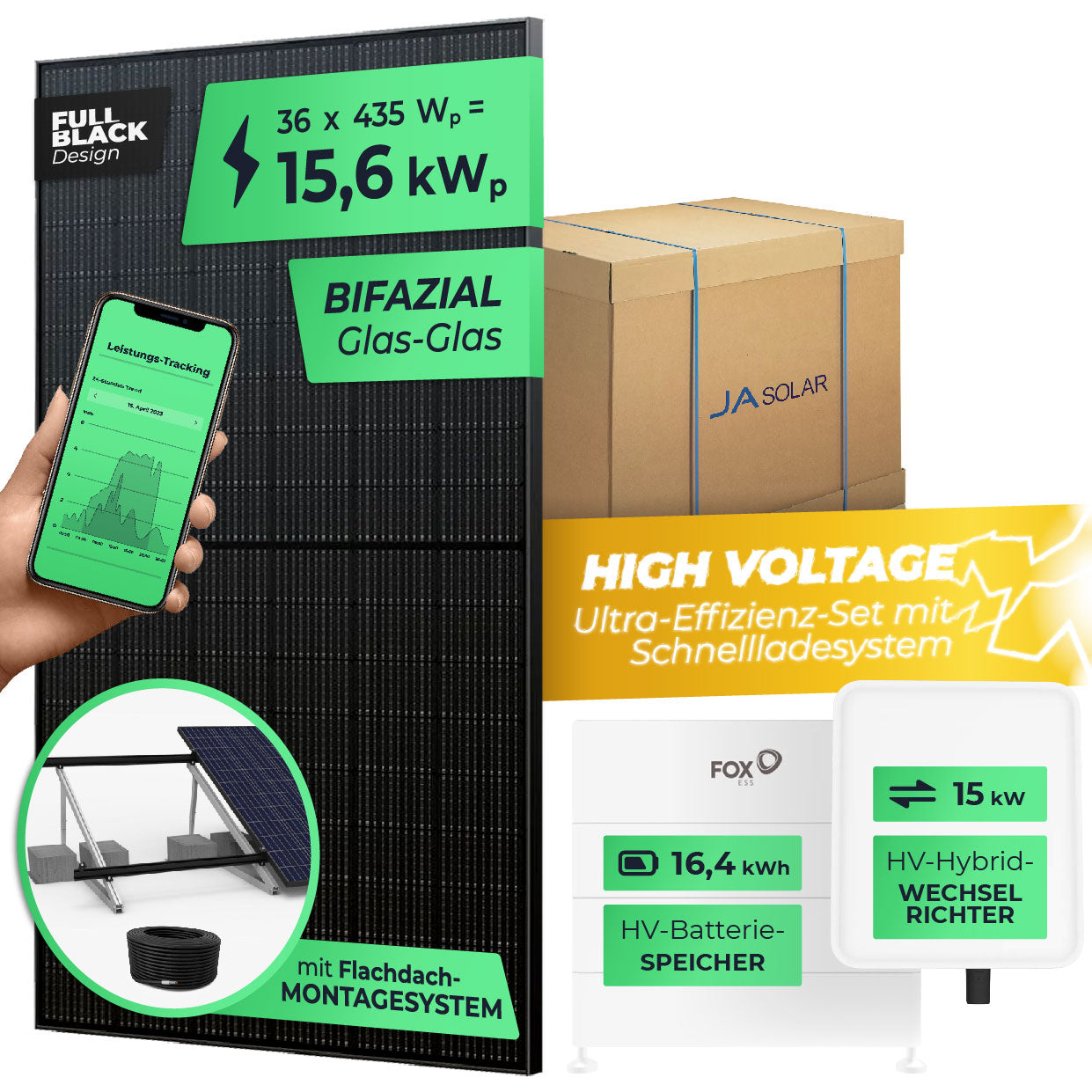 SOLARWAY High Voltage Solaranlage Komplettset 15kW | Fox ESS 15kW | Bifazial inkl. Montagesystem, App & WiFi