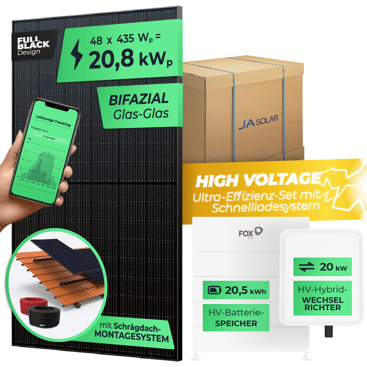 SOLARWAY High Voltage Solaranlage Komplettset 20kW | Fox ESS 20kW | Bifazial inkl. Montagesystem, App & WiFi