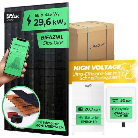 SOLARWAY High Voltage Solaranlage Komplettset 30kW | Fox ESS 30kW | Bifazial inkl. Montagesystem, App & WiFi