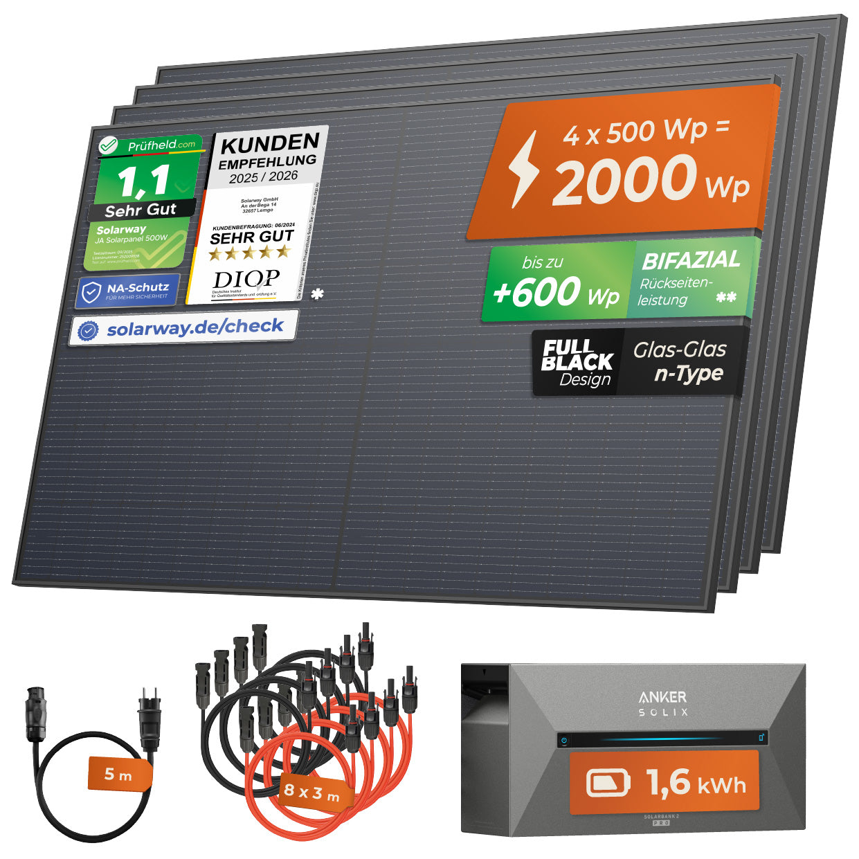 SOLARWAY Balkonkraftwerk 2000 Watt | Anker SOLIX Solarbank 2 E1600 Pro 1,6 kWh Speicher