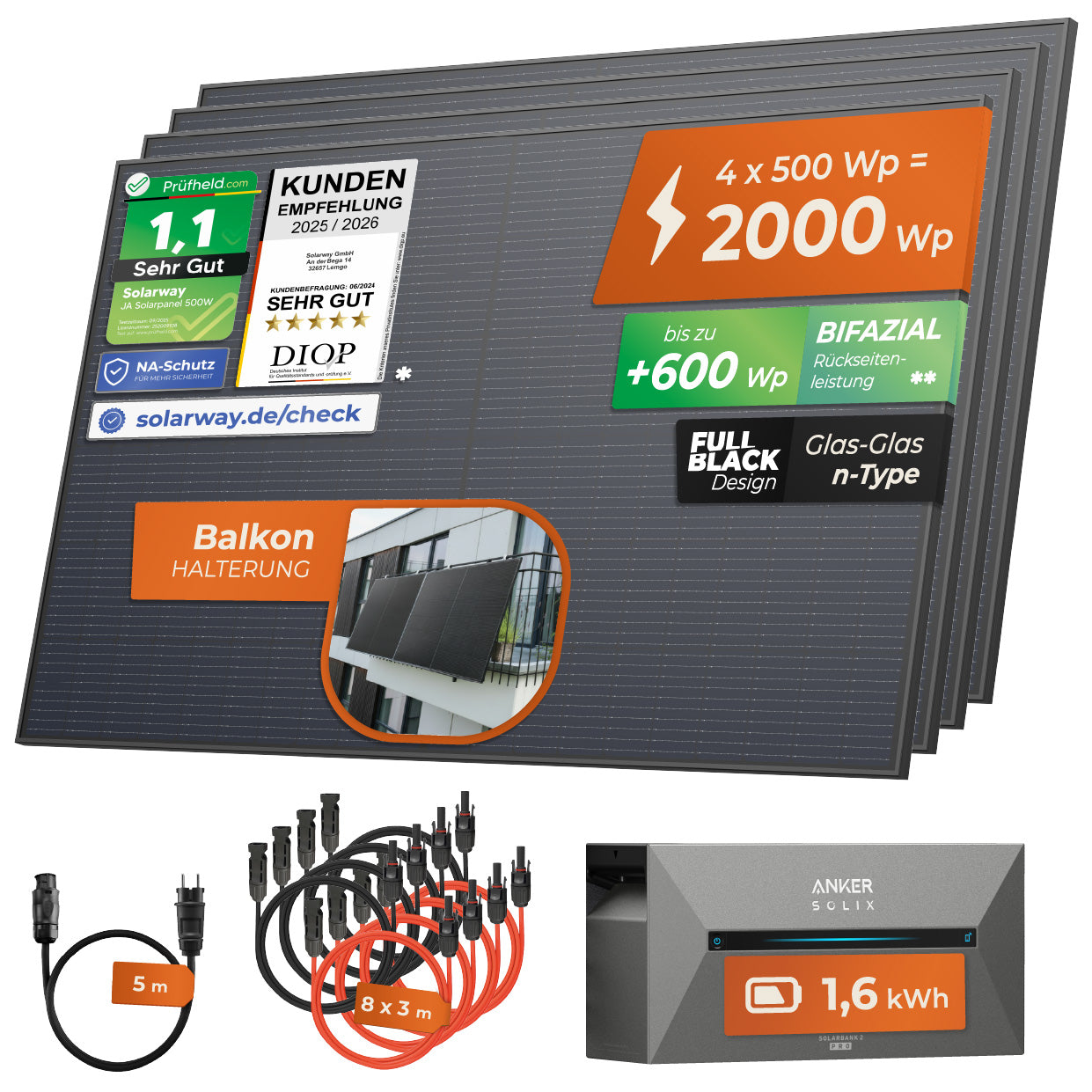 SOLARWAY Balkonkraftwerk 2000 Watt | Anker SOLIX Solarbank 2 E1600 Pro 1,6 kWh Speicher