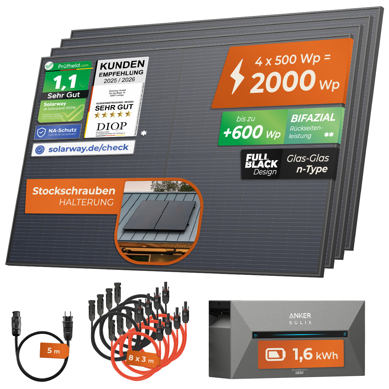 SOLARWAY Balkonkraftwerk 2000 Watt | Anker SOLIX Solarbank 2 E1600 Pro 1,6 kWh Speicher