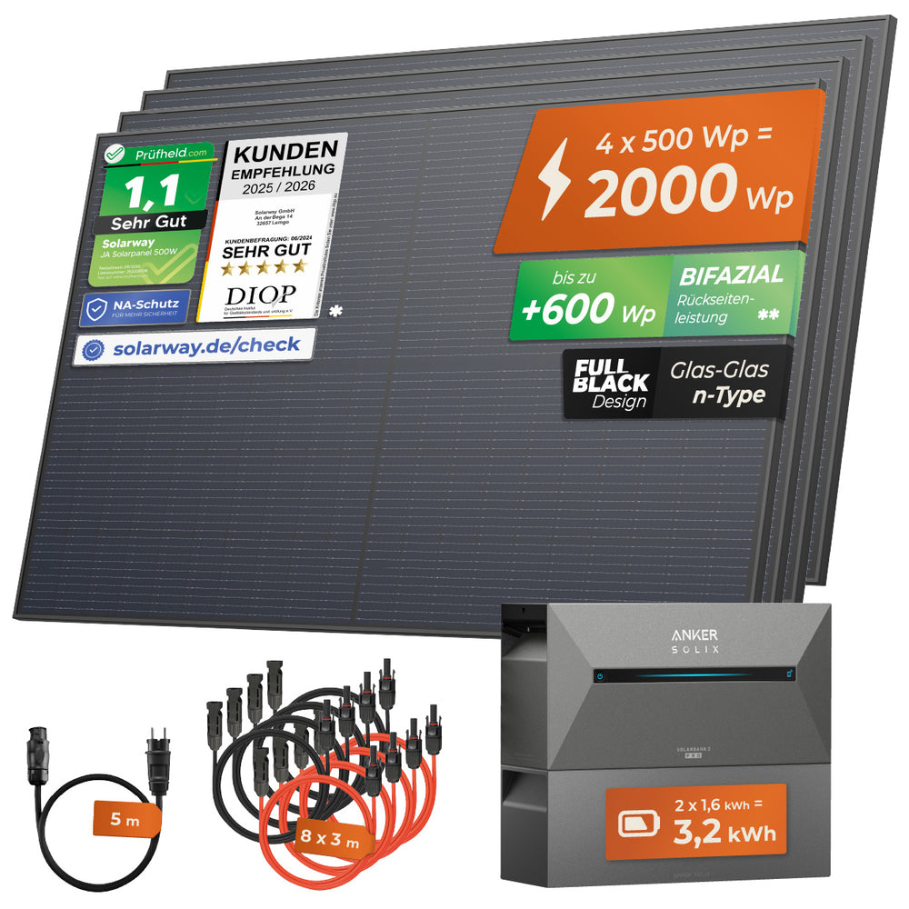 SOLARWAY Balkonkraftwerk 2000 Watt Pro | Anker SOLIX Solarbank 2 E1600 Pro 3,2 kWh Speicher