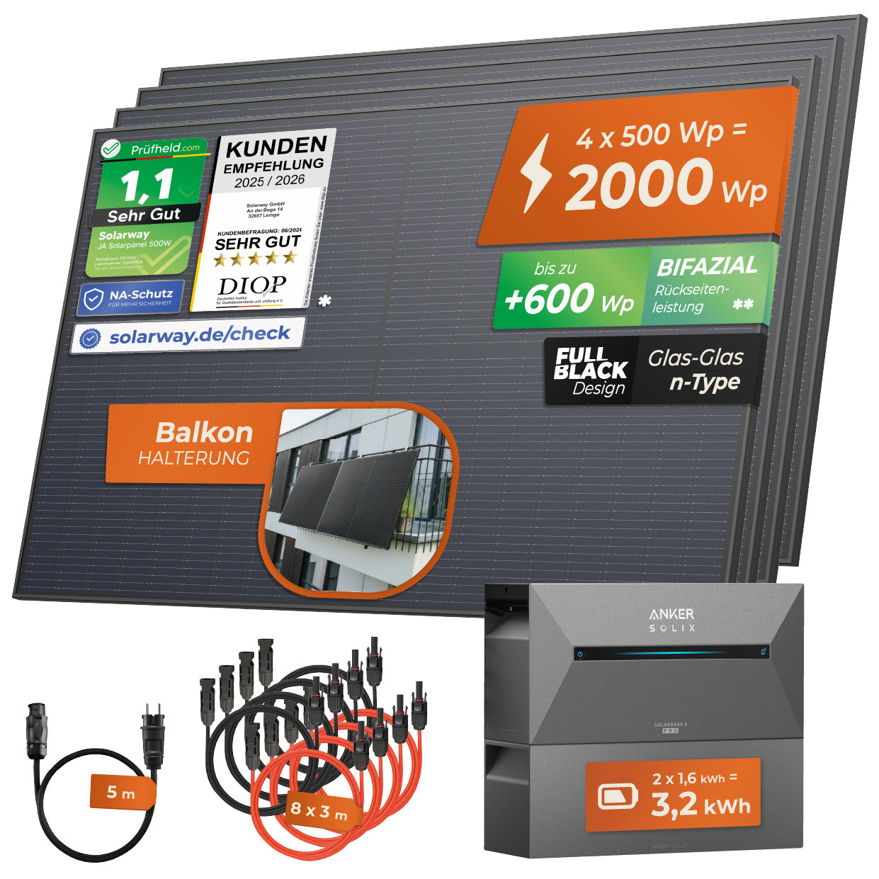 SOLARWAY Balkonkraftwerk 2000 Watt Pro | Anker SOLIX Solarbank 2 E1600 Pro 3,2 kWh Speicher