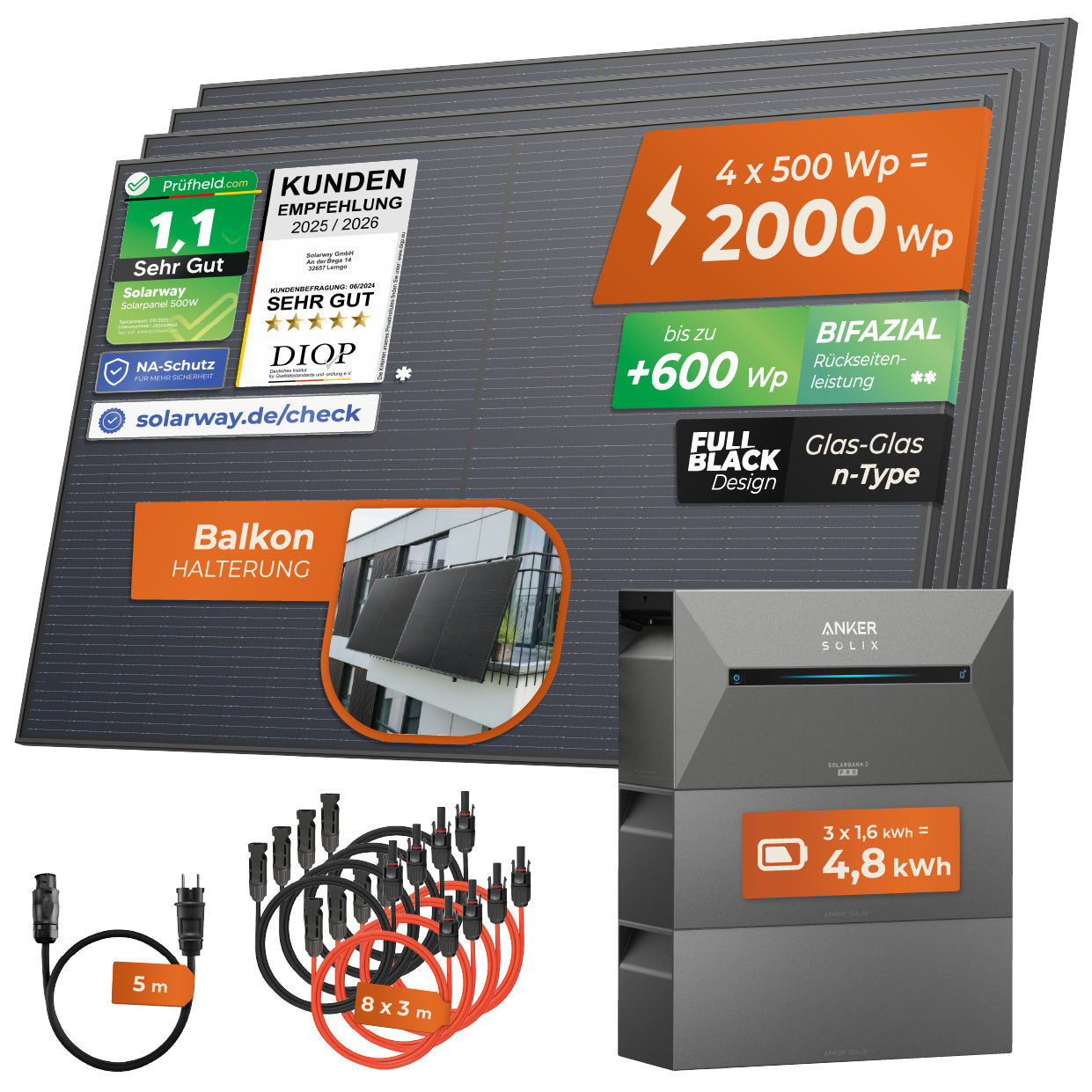 SOLARWAY Balkonkraftwerk 2000 Watt Pro | Anker SOLIX Solarbank 2 E1600 Pro 4,8 kWh Speicher