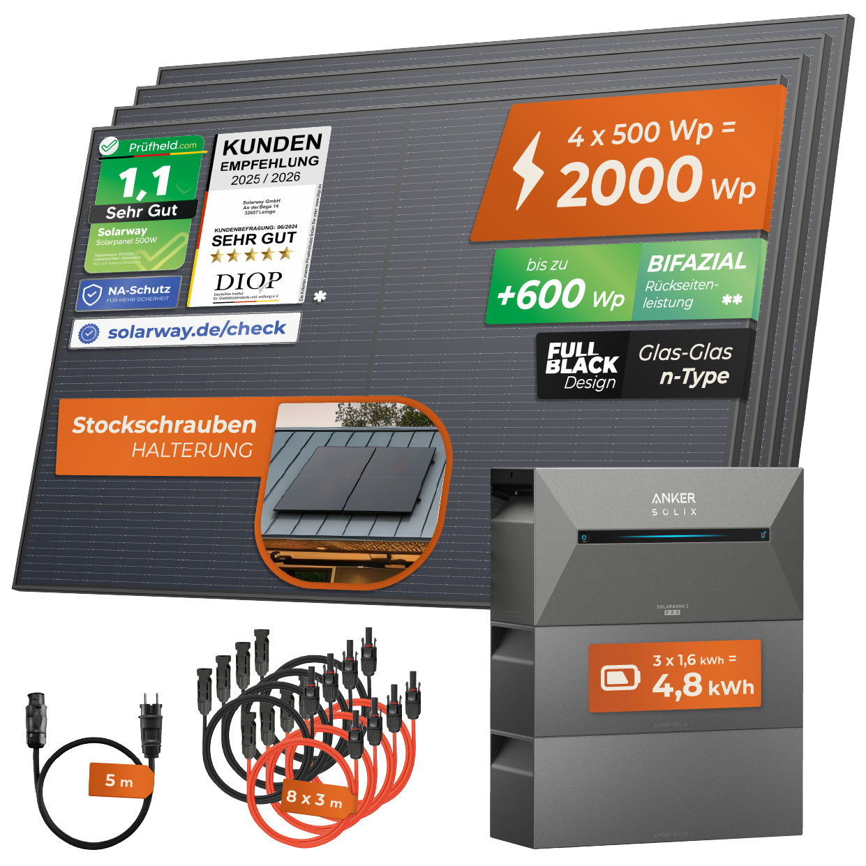 SOLARWAY Balkonkraftwerk 2000 Watt Pro | Anker SOLIX Solarbank 2 E1600 Pro 4,8 kWh Speicher