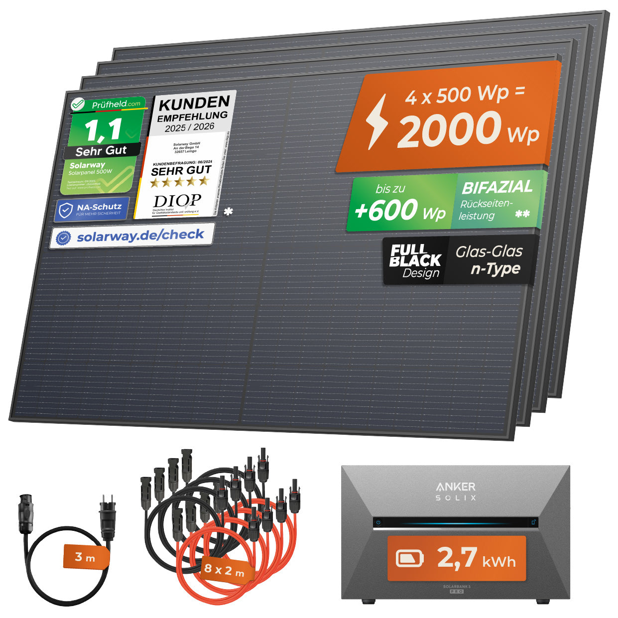 SOLARWAY Balkonkraftwerk 2000 Watt Pro | Anker SOLIX Solarbank 3 E2700 Pro 2,7 kWh Speicher