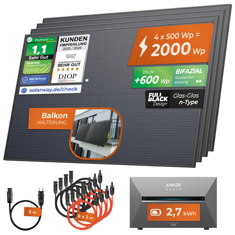 inFranken.de Deal - SOLARWAY Balkonkraftwerk 2000 Watt Pro | Anker SOLIX Solarbank 3 E2700 Pro 2,7 kWh Speicher - Solarway