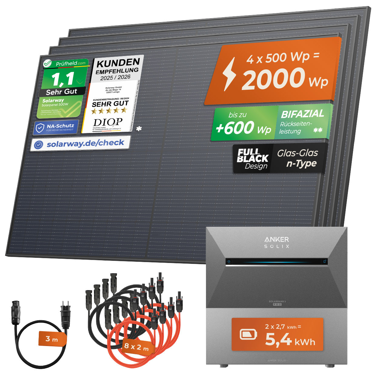 SOLARWAY Balkonkraftwerk 2000 Watt Pro | Anker SOLIX Solarbank 3 E2700 Pro + Erweiterung 5,4 kWh Speicher
