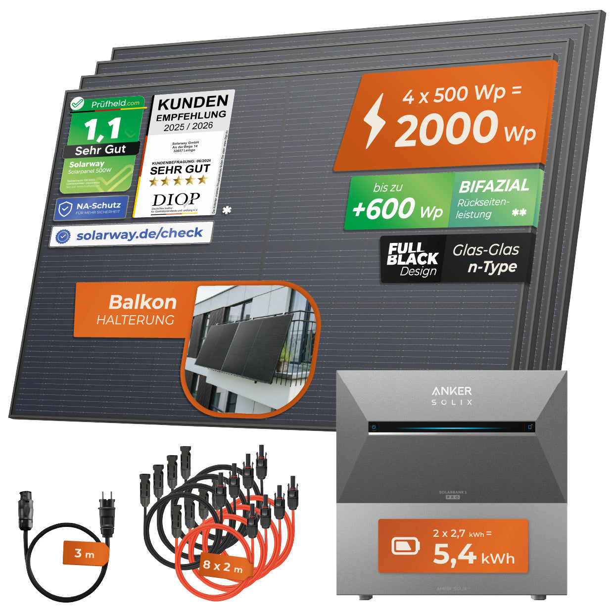 SOLARWAY Balkonkraftwerk 2000 Watt Pro | Anker SOLIX Solarbank 3 E2700 Pro + Erweiterung 5,4 kWh Speicher
