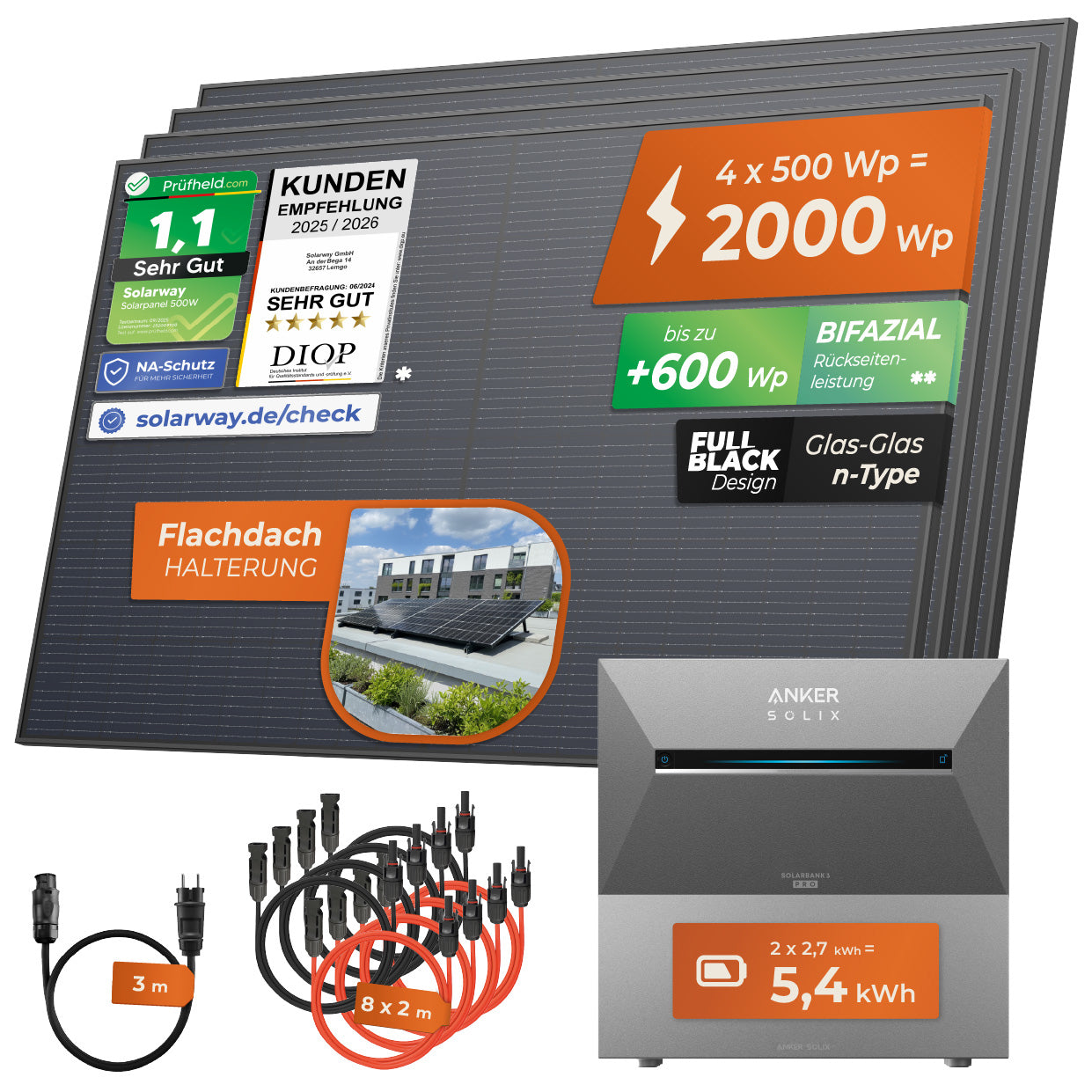 SOLARWAY Balkonkraftwerk 2000 Watt Pro | Anker SOLIX Solarbank 3 E2700 Pro + Erweiterung 5,4 kWh Speicher