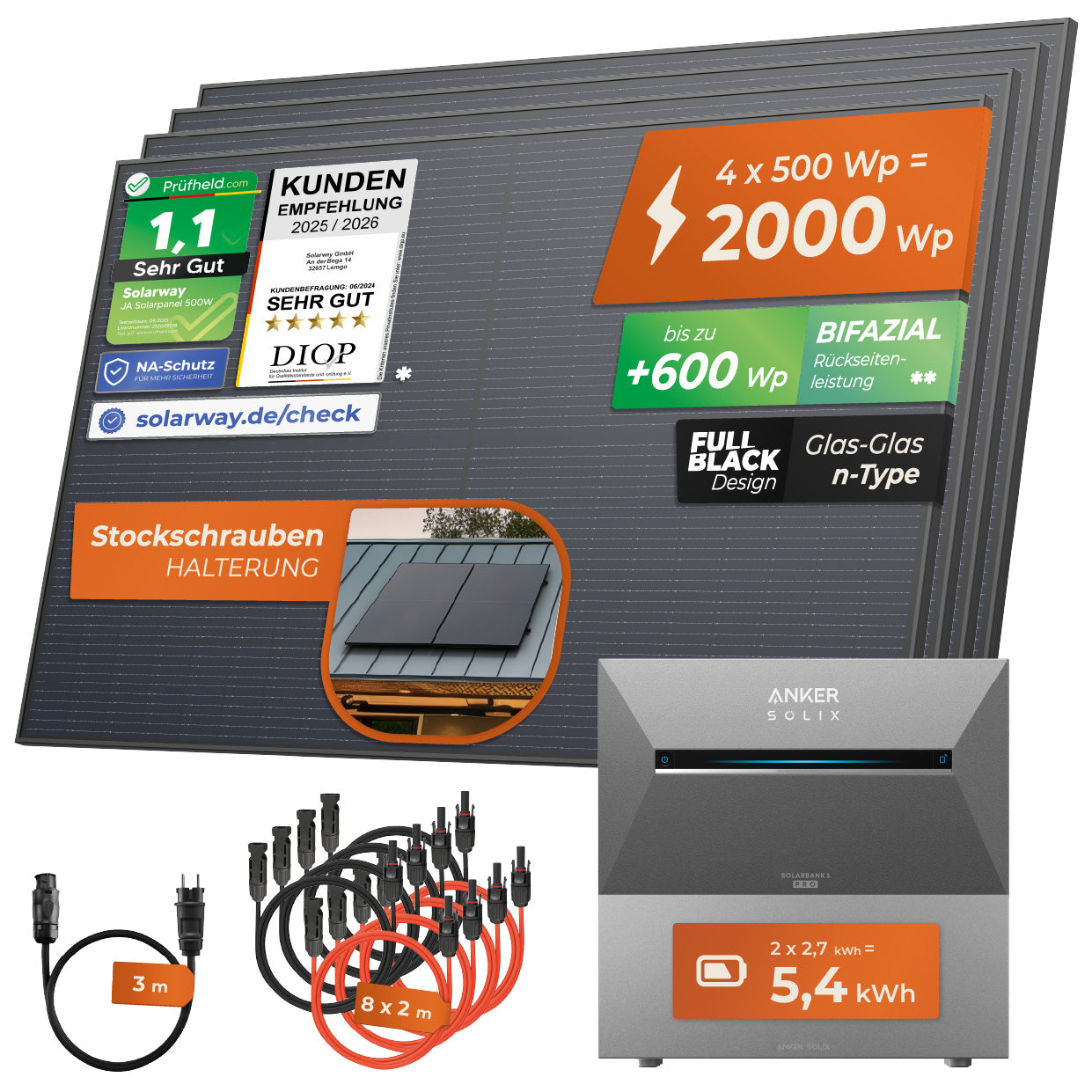 SOLARWAY Balkonkraftwerk 2000 Watt Pro | Anker SOLIX Solarbank 3 E2700 Pro + Erweiterung 5,4 kWh Speicher