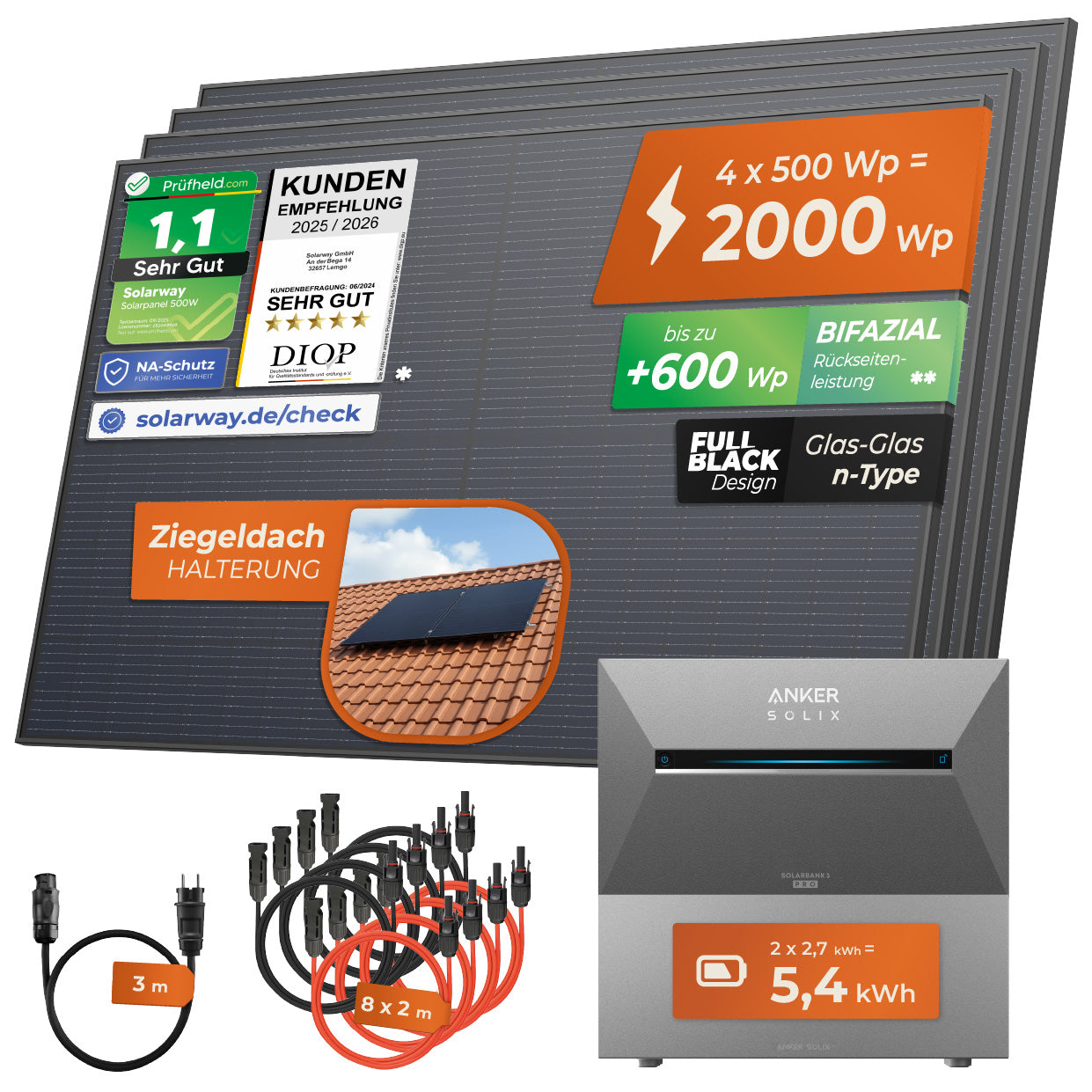 SOLARWAY Balkonkraftwerk 2000 Watt Pro | Anker SOLIX Solarbank 3 E2700 Pro + Erweiterung 5,4 kWh Speicher