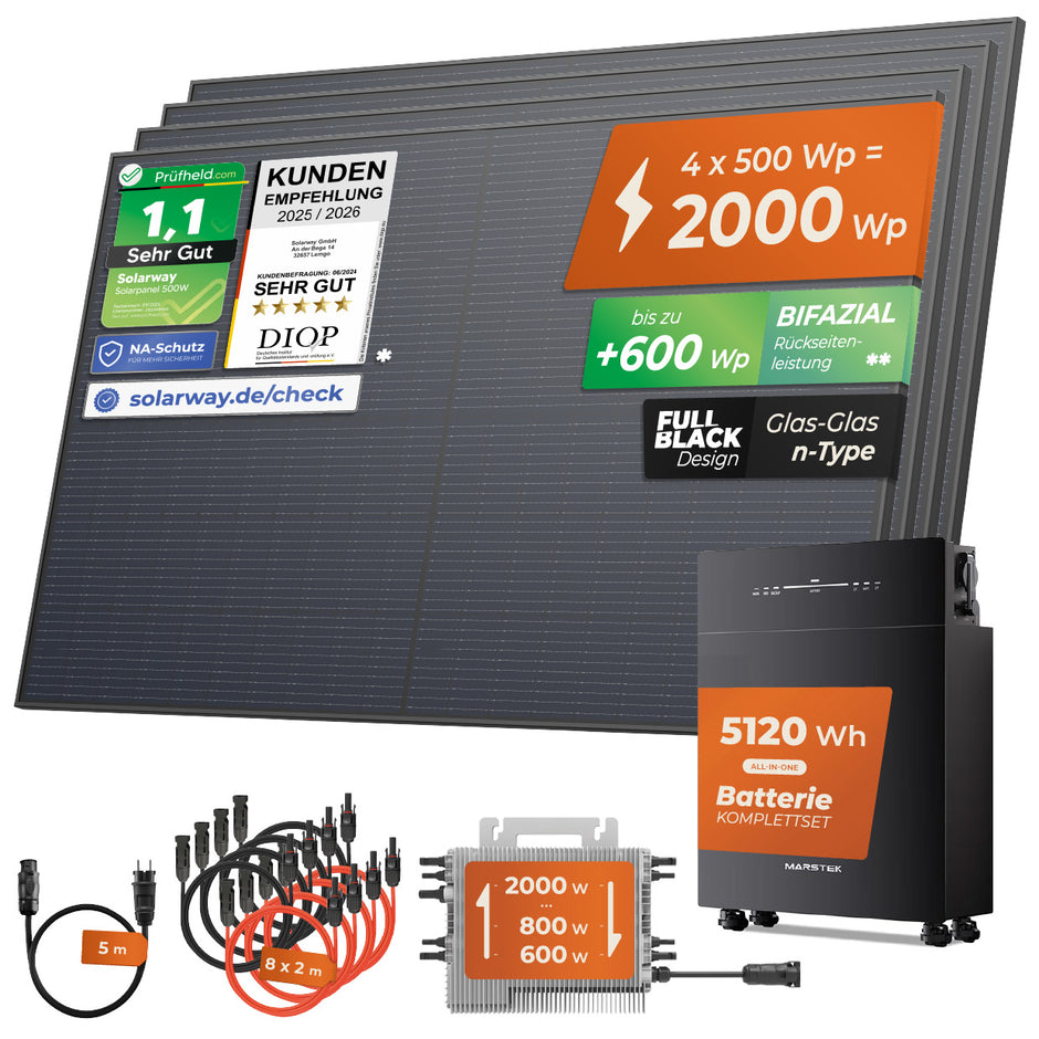 SOLARWAY Balkonkraftwerk 2000 Watt Pro | Marstek VENUS E 5120 Wh All-In-One Speicher | DEYE 2000W WIFI Wechselrichter Smart PV Anlage