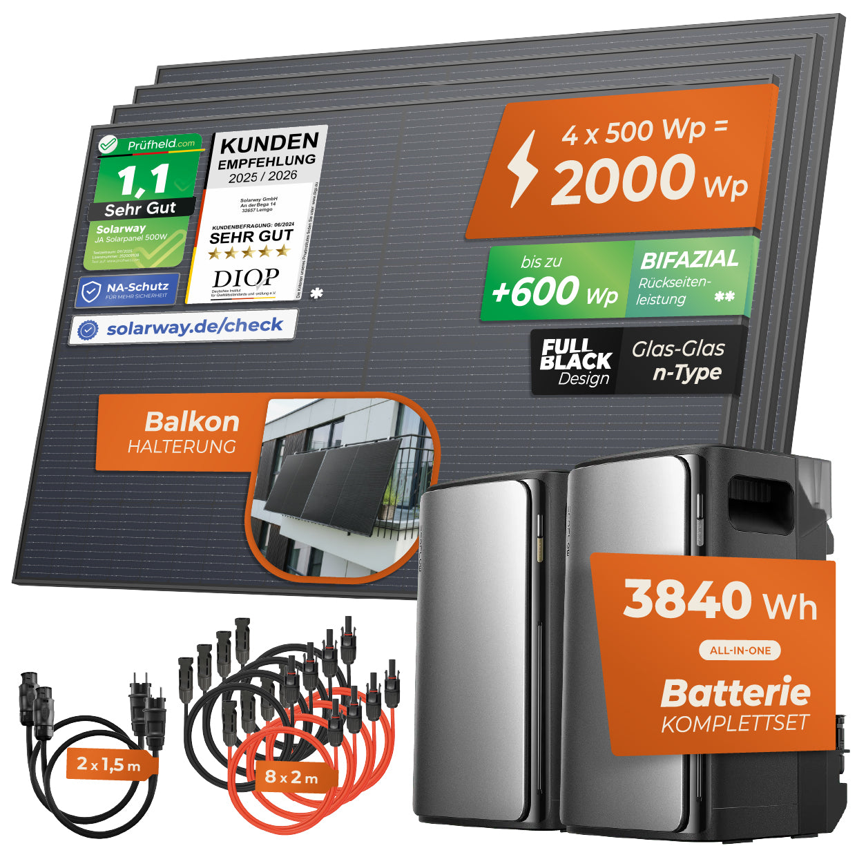 SOLARWAY Balkonkraftwerk 2000 Watt Duo | EcoFlow STREAM Max 3840 Wh Batterie Set