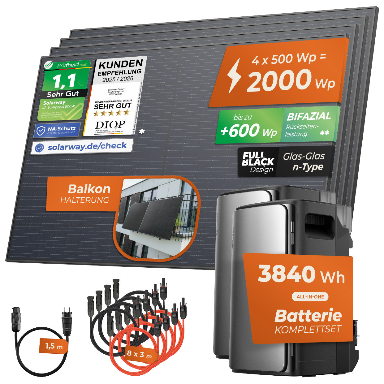 SOLARWAY Balkonkraftwerk 2000 Watt Pro | EcoFlow STREAM Ultra 1920 Wh Batterie + EcoFlow STREAM AC Pro