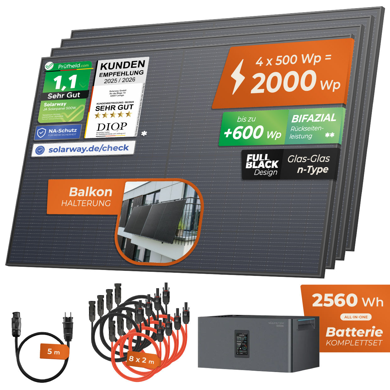 SOLARWAY Balkonkraftwerk 2000 Watt Plus | Marstek Jupiter C Plus 2560 Wh Batterie
