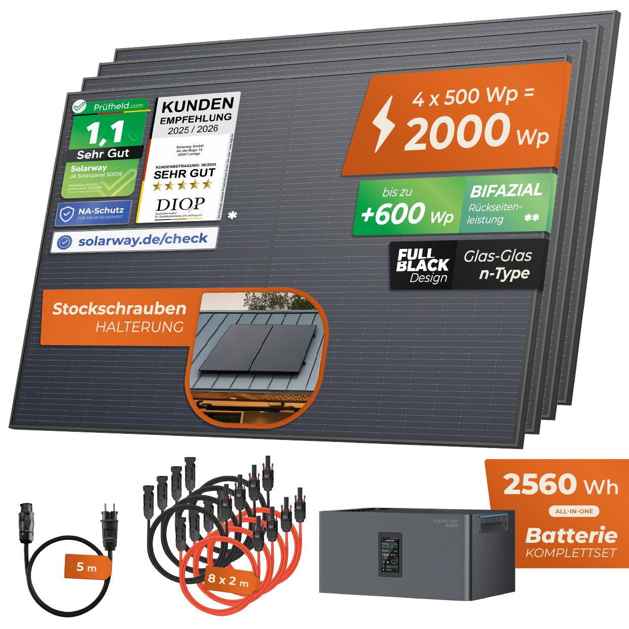 SOLARWAY Balkonkraftwerk 2000 Watt Plus | Marstek Jupiter C Plus 2560 Wh Batterie