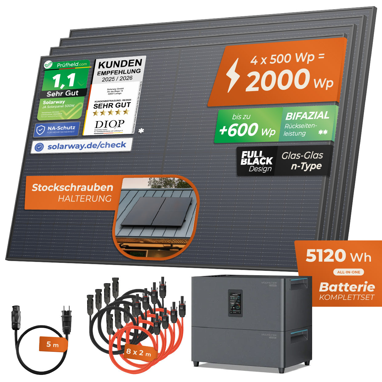 SOLARWAY Balkonkraftwerk 2000 Watt Plus | Marstek Jupiter C Plus 5120 Wh Batterie