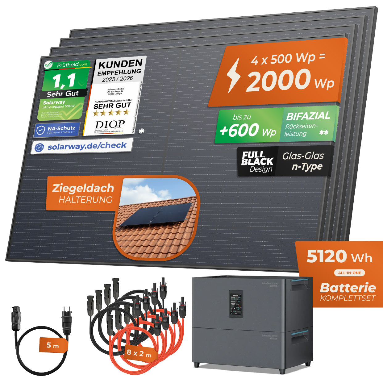 SOLARWAY Balkonkraftwerk 2000 Watt Plus | Marstek Jupiter C Plus 5120 Wh Batterie