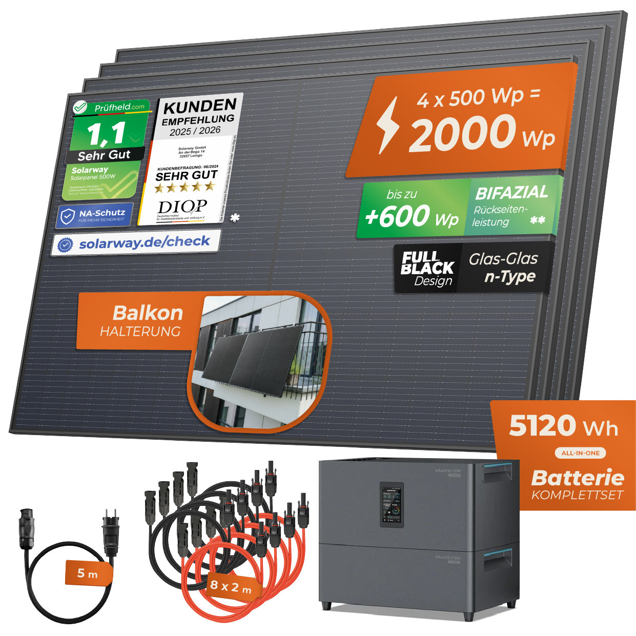 SOLARWAY Balkonkraftwerk 2000 Watt Plus | Marstek Jupiter C Plus 5120 Wh Batterie