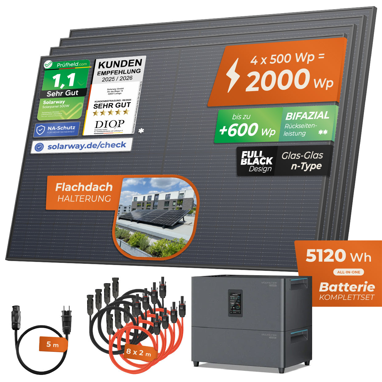 SOLARWAY Balkonkraftwerk 2000 Watt Plus | Marstek Jupiter C Plus 5120 Wh Batterie