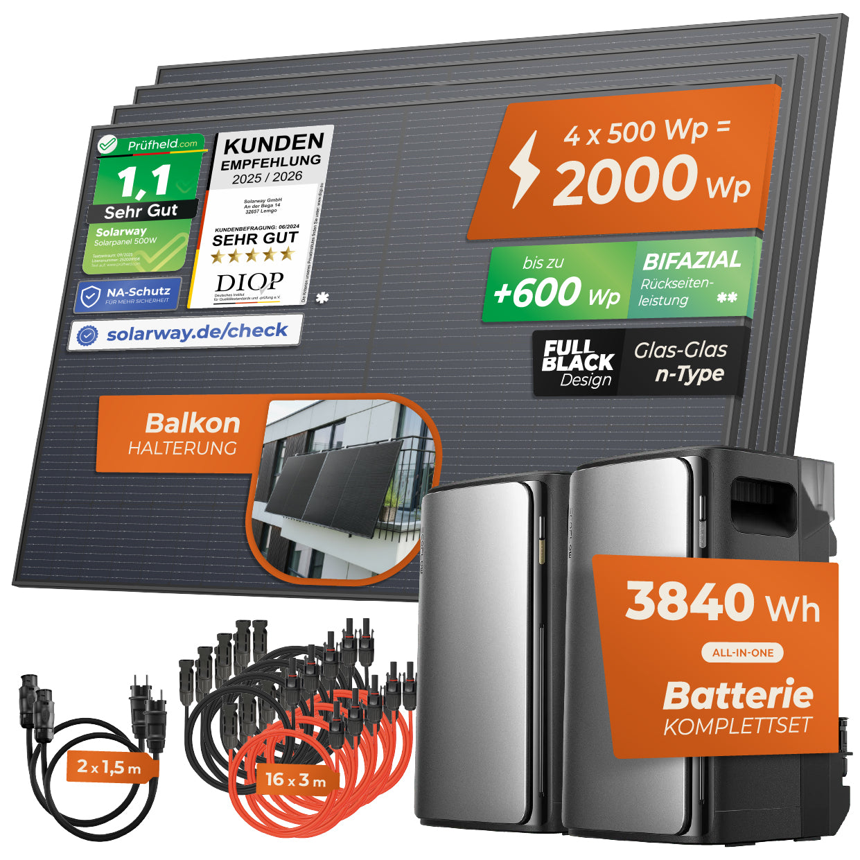 SOLARWAY Balkonkraftwerk 2000 Watt Duo | EcoFlow STREAM Ultra 3840 Wh Speicher Set