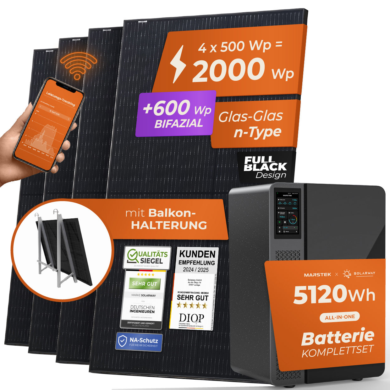 SOLARWAY Balkonkraftwerk 2000 Watt Pro | Marstek Jupiter E 5120 Wh All-In-One Speicher