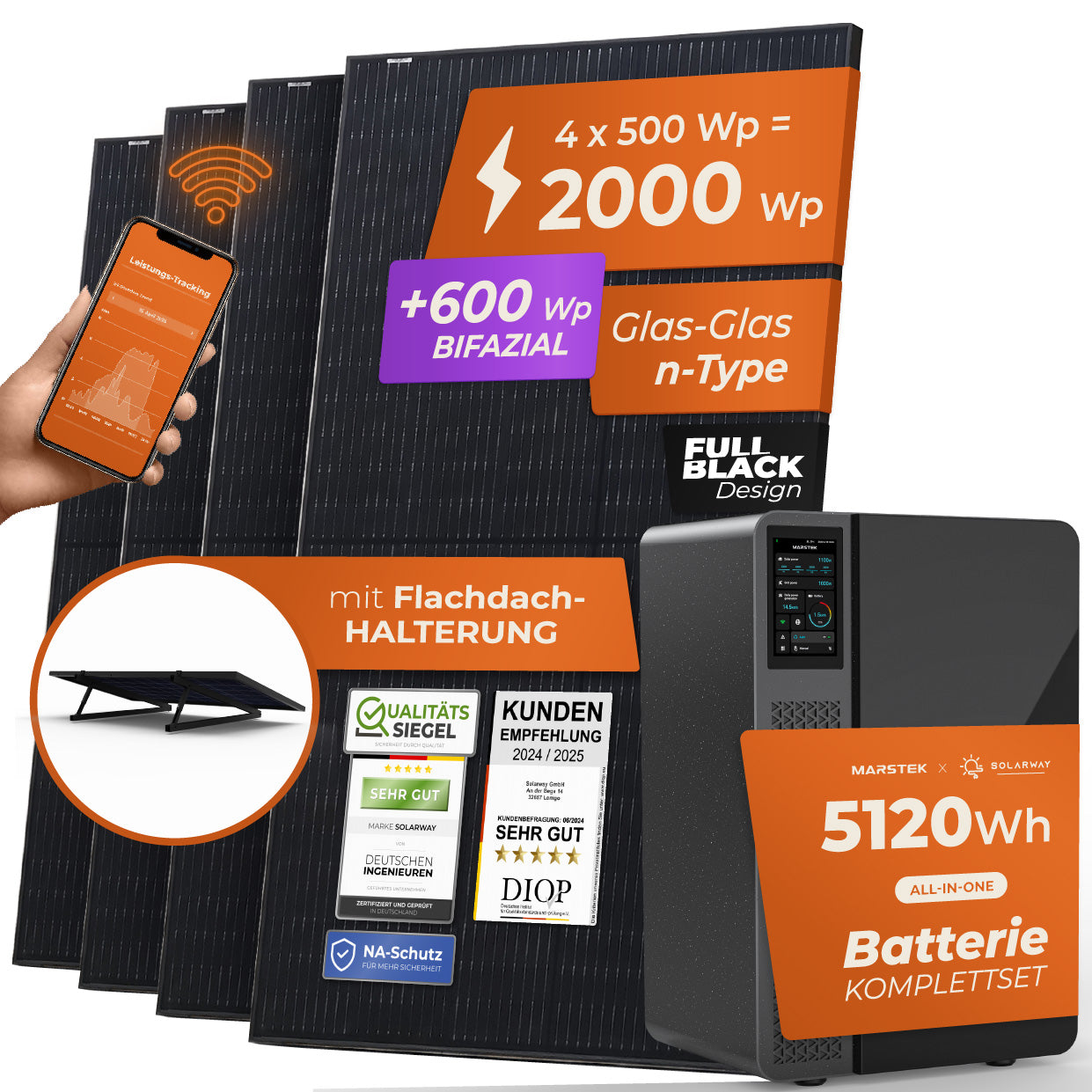 SOLARWAY Balkonkraftwerk 2000 Watt Pro | Marstek Jupiter E 5120 Wh All-In-One Speicher