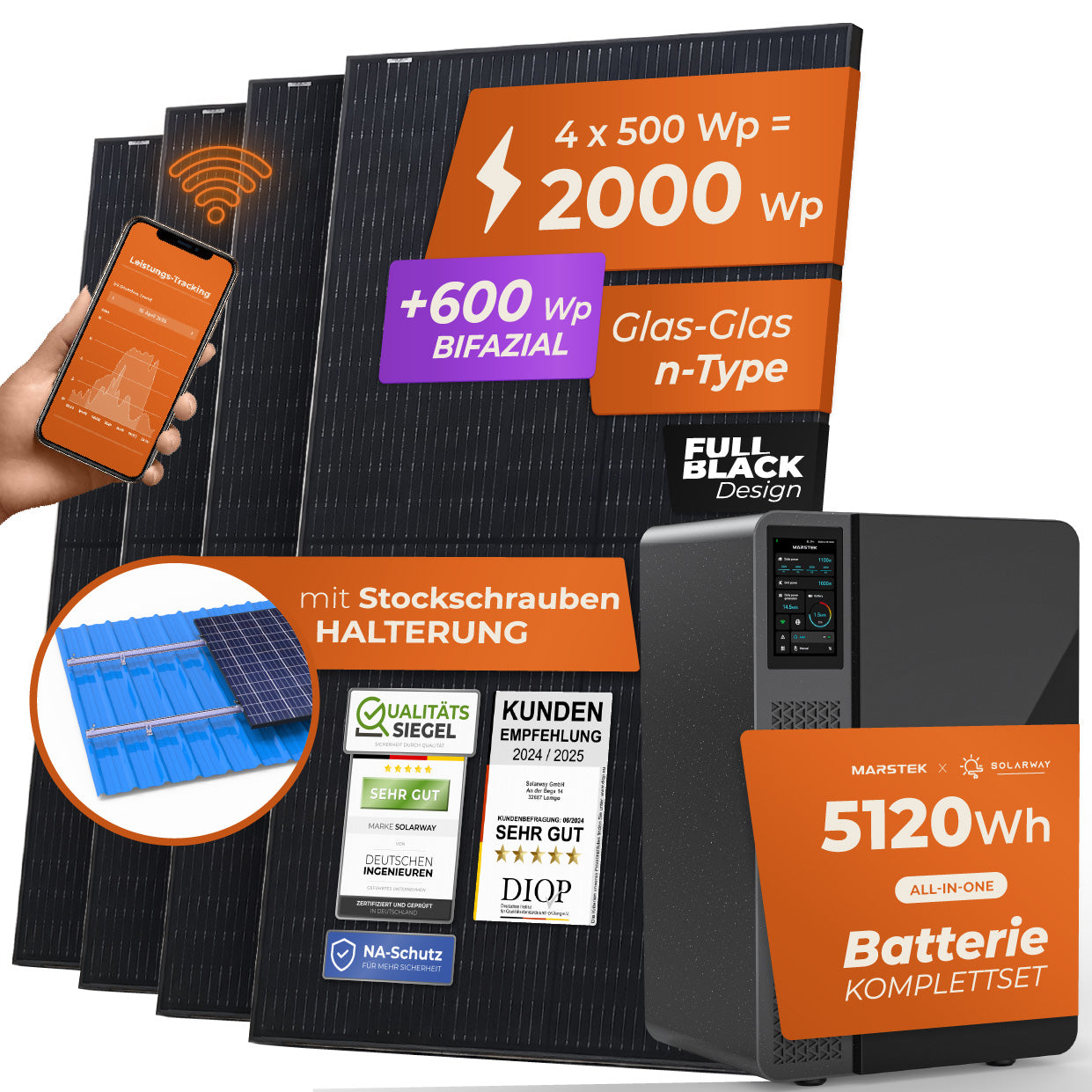 SOLARWAY Balkonkraftwerk 2000 Watt Pro | Marstek Jupiter E 5120 Wh All-In-One Speicher