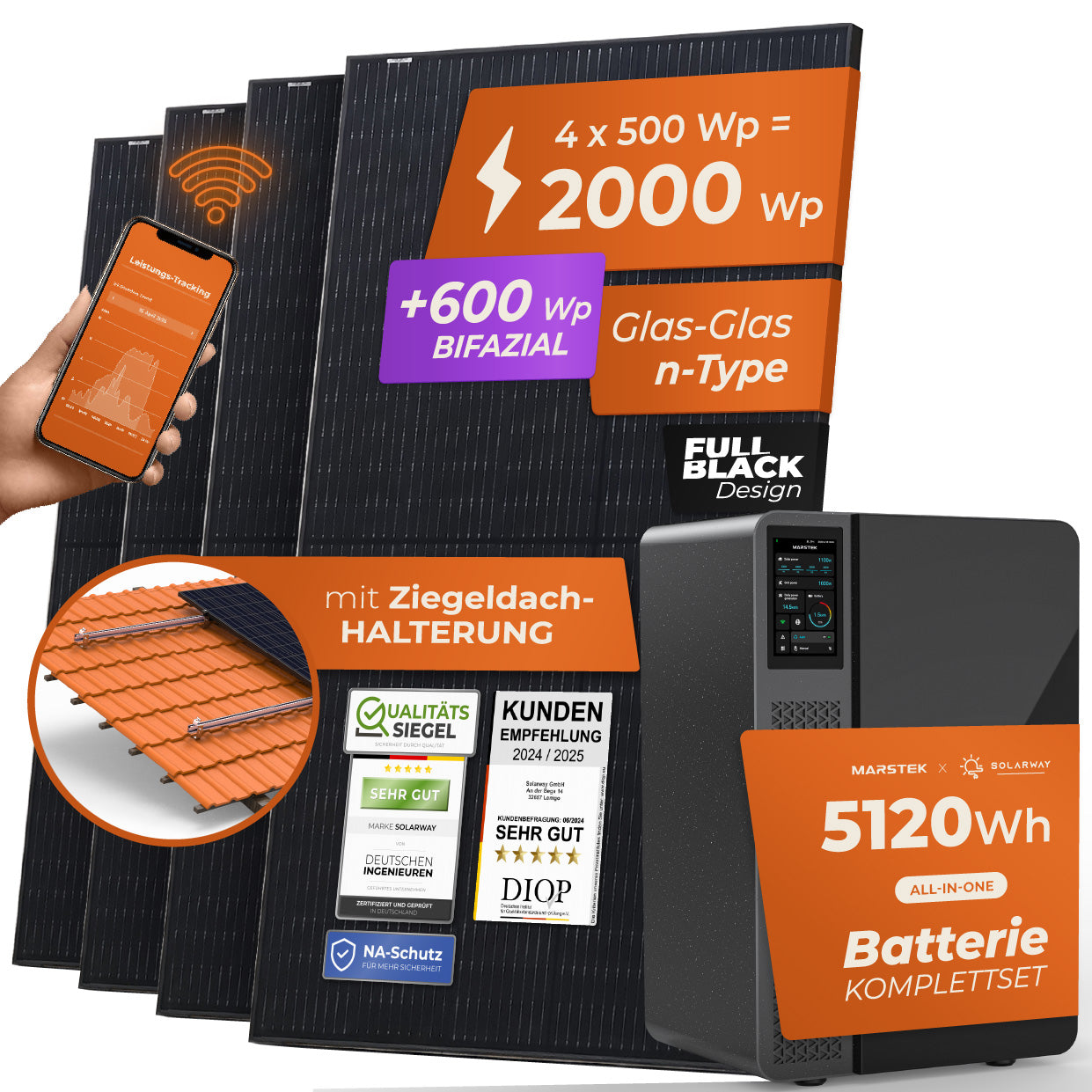 SOLARWAY Balkonkraftwerk 2000 Watt Pro | Marstek Jupiter E 5120 Wh All-In-One Speicher
