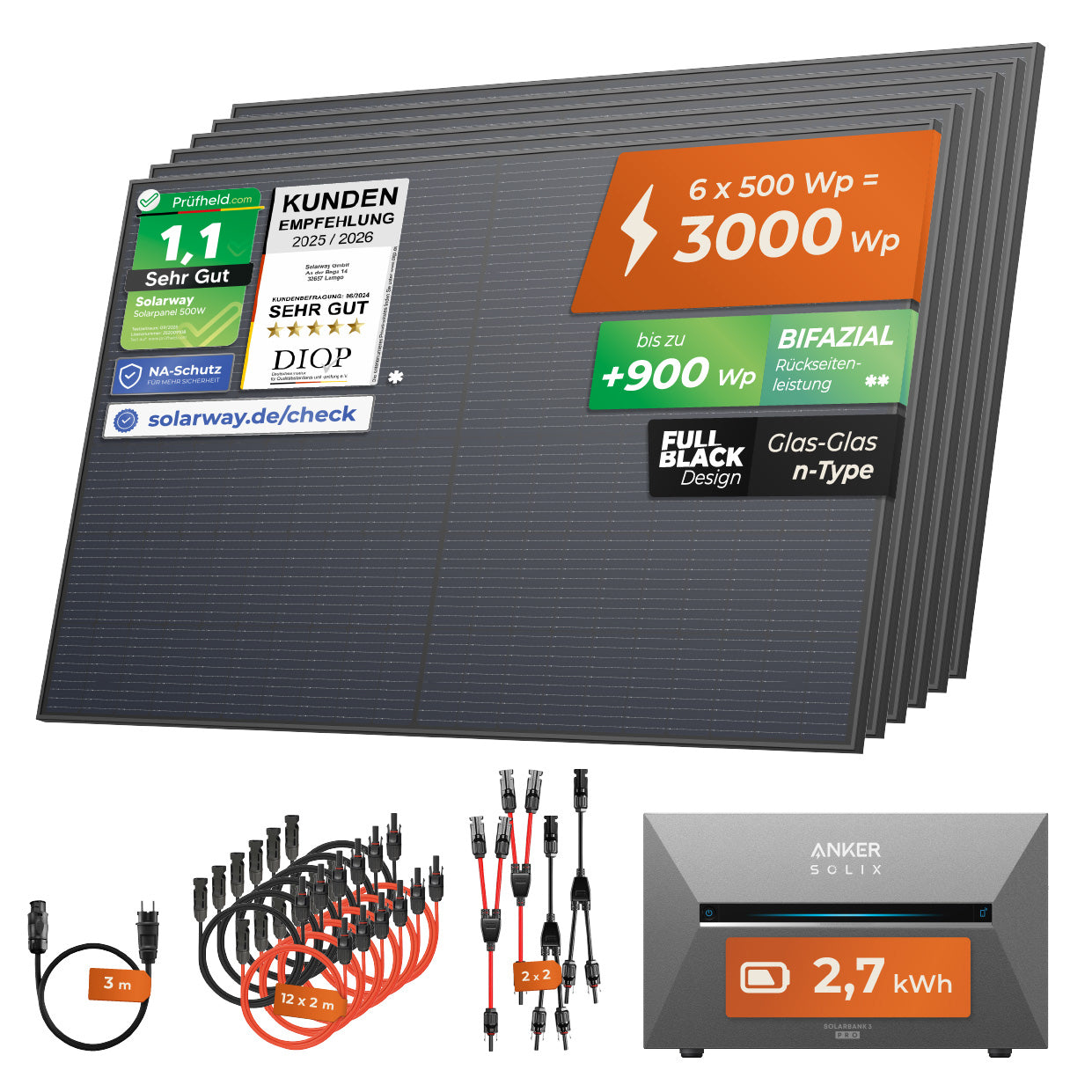 SOLARWAY Balkonkraftwerk 3000 Watt Pro | Anker SOLIX Solarbank 3 E2700 Pro 2,7 kWh Speicher