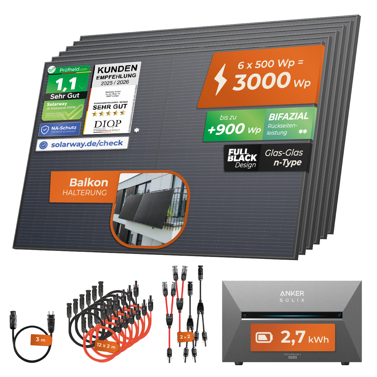 SOLARWAY Balkonkraftwerk 3000 Watt Pro | Anker SOLIX Solarbank 3 E2700 Pro 2,7 kWh Speicher