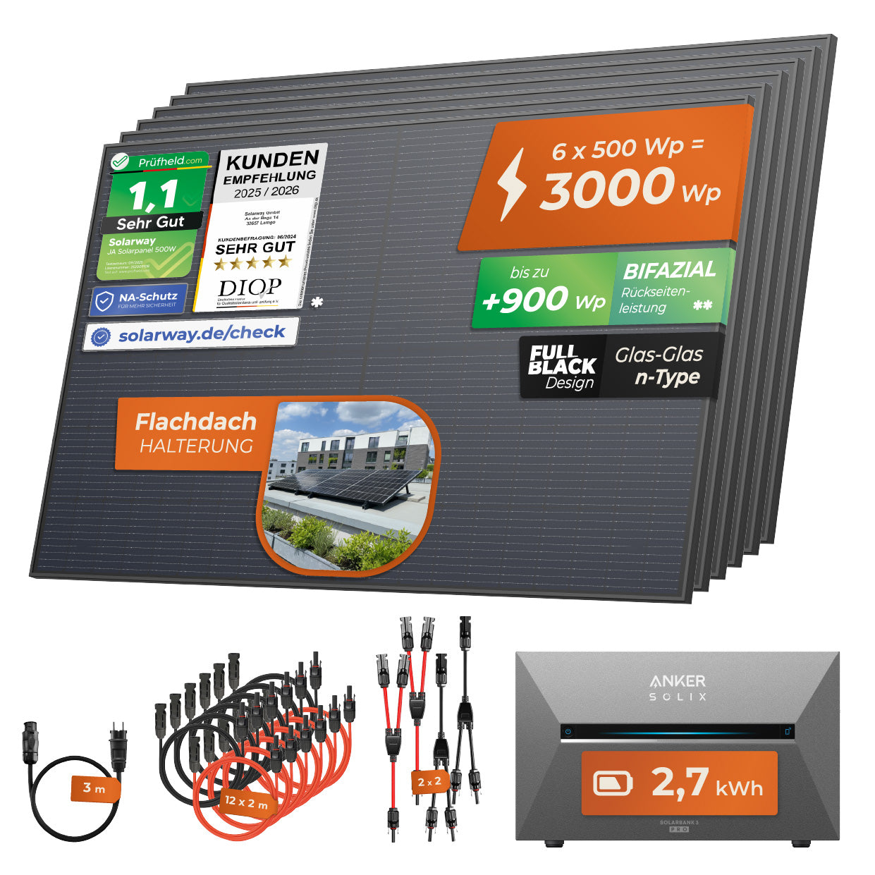 SOLARWAY Balkonkraftwerk 3000 Watt Pro | Anker SOLIX Solarbank 3 E2700 Pro 2,7 kWh Speicher
