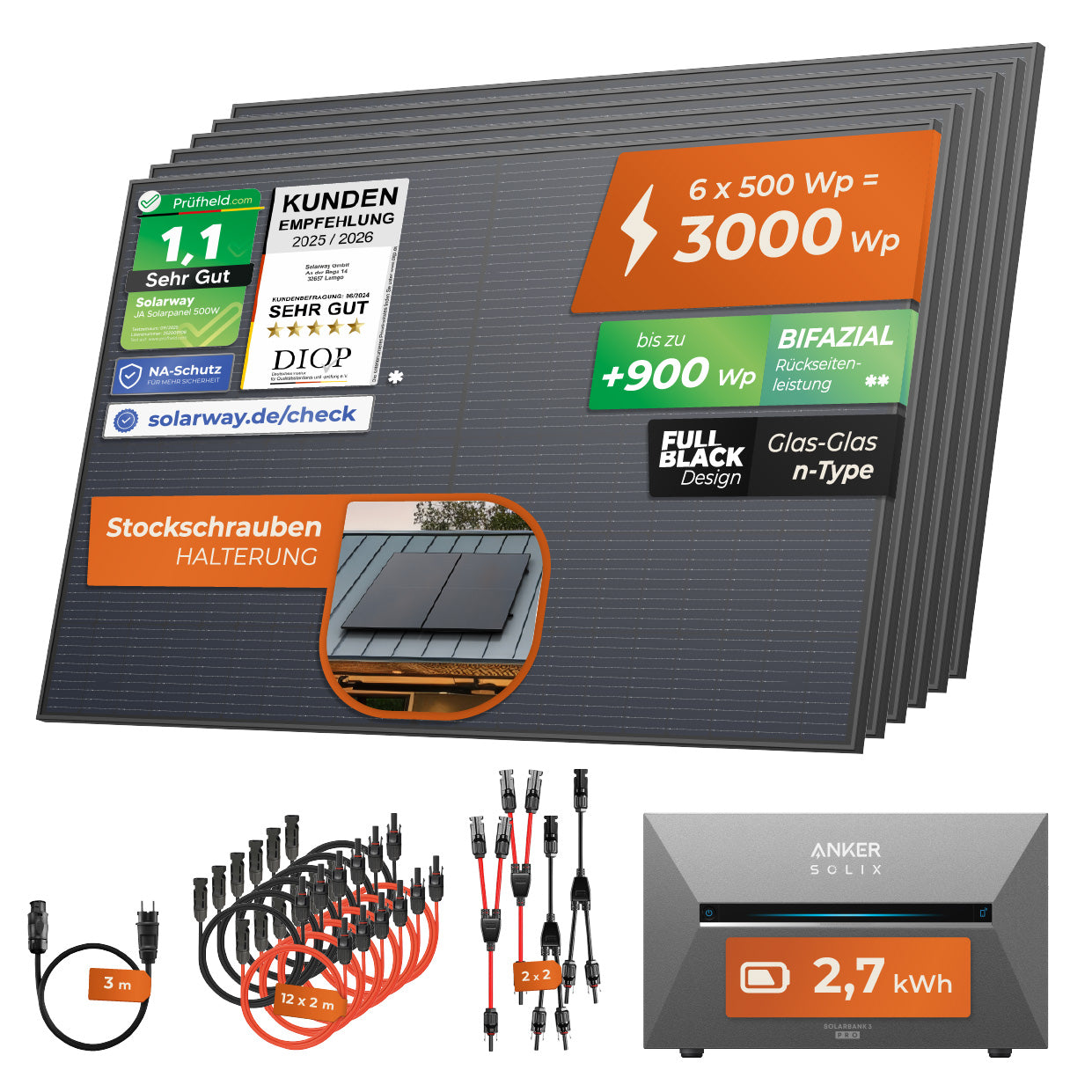 SOLARWAY Balkonkraftwerk 3000 Watt Pro | Anker SOLIX Solarbank 3 E2700 Pro 2,7 kWh Speicher