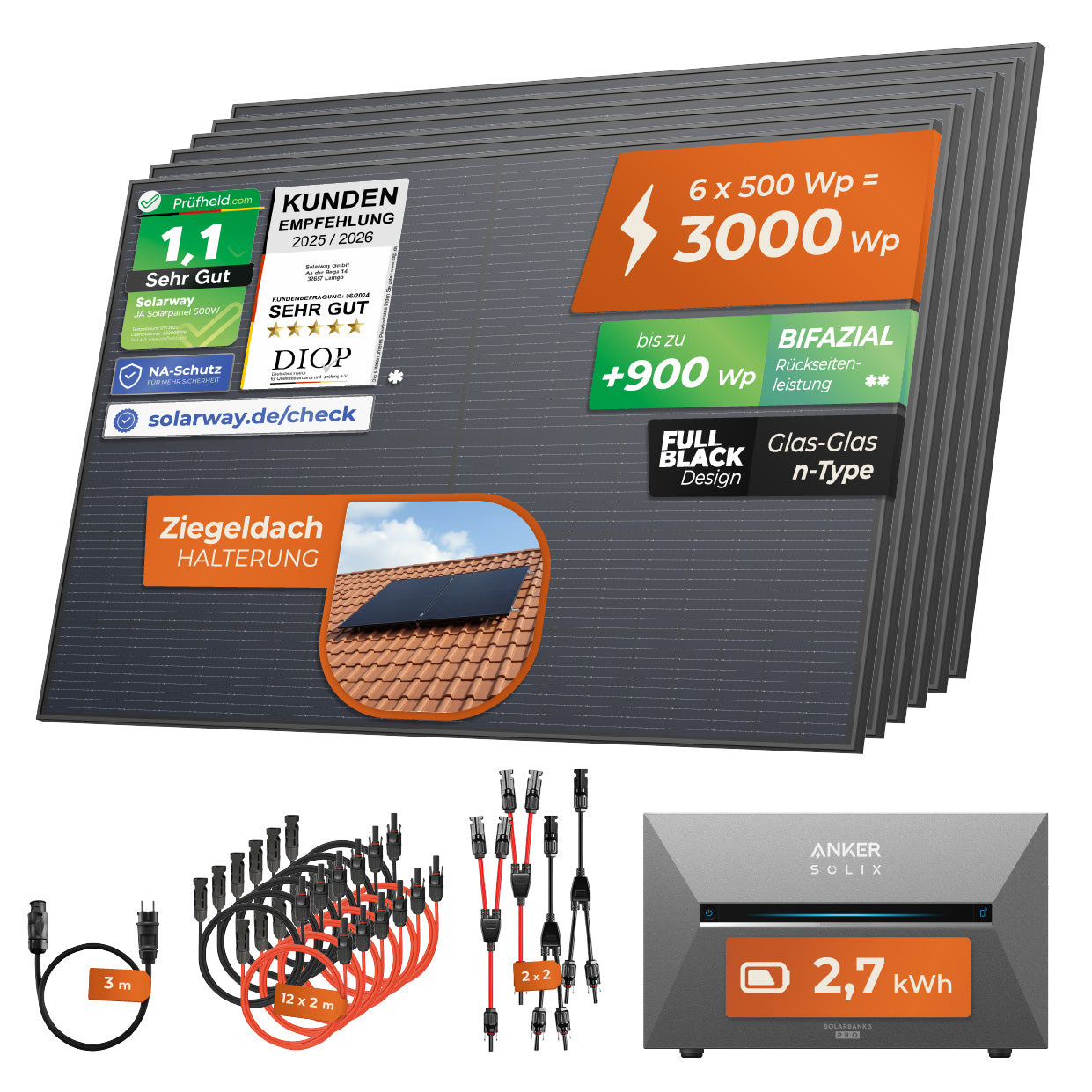 SOLARWAY Balkonkraftwerk 3000 Watt Pro | Anker SOLIX Solarbank 3 E2700 Pro 2,7 kWh Speicher