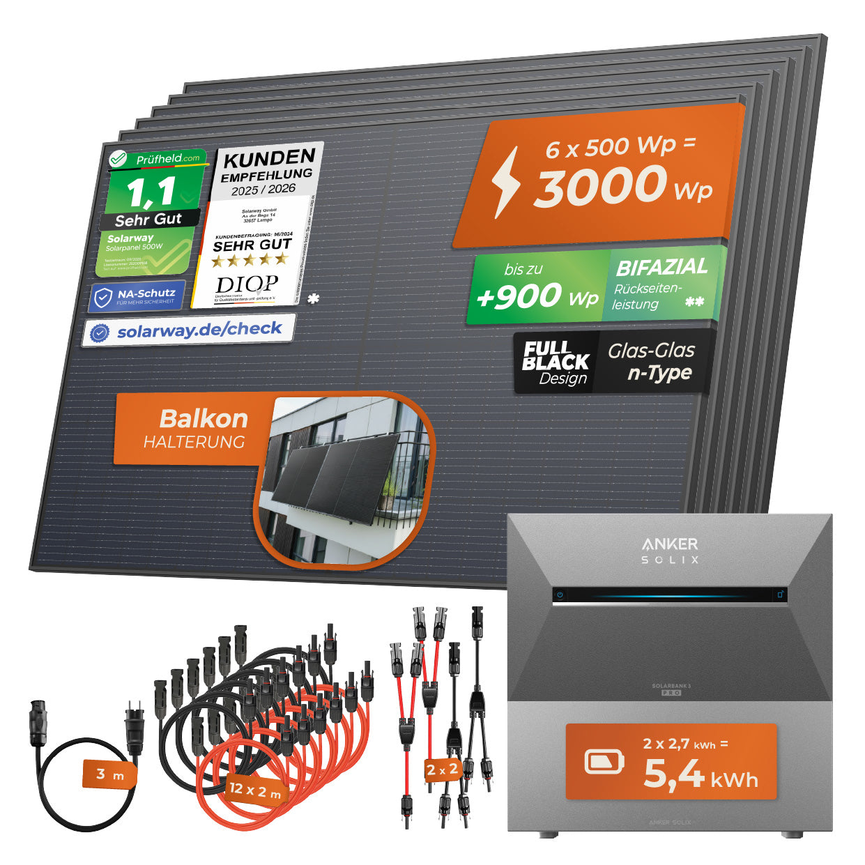 SOLARWAY Balkonkraftwerk 3000 Watt Pro | Anker SOLIX Solarbank 3 E2700 Pro 5,4 kWh Speicher