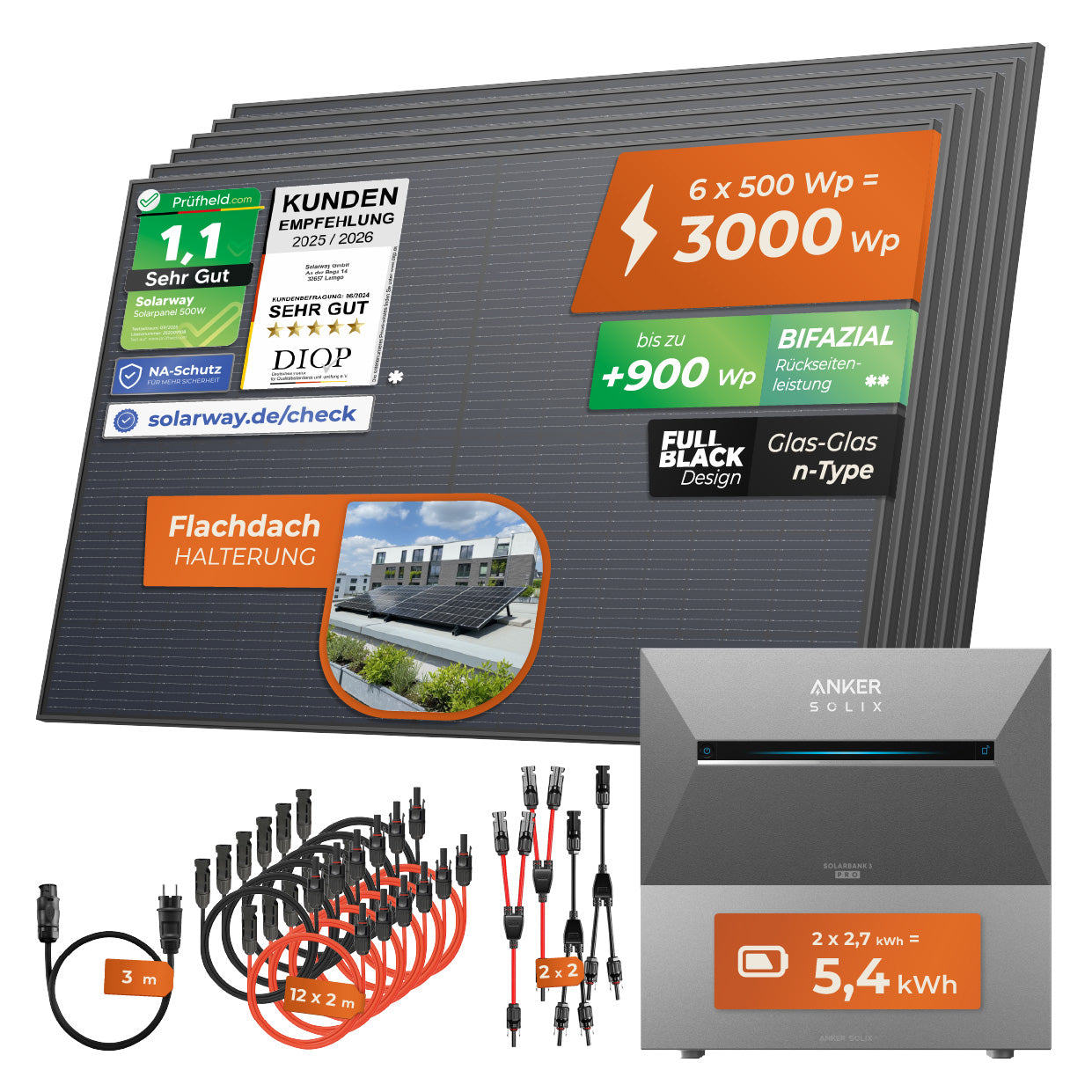 SOLARWAY Balkonkraftwerk 3000 Watt Pro | Anker SOLIX Solarbank 3 E2700 Pro 5,4 kWh Speicher
